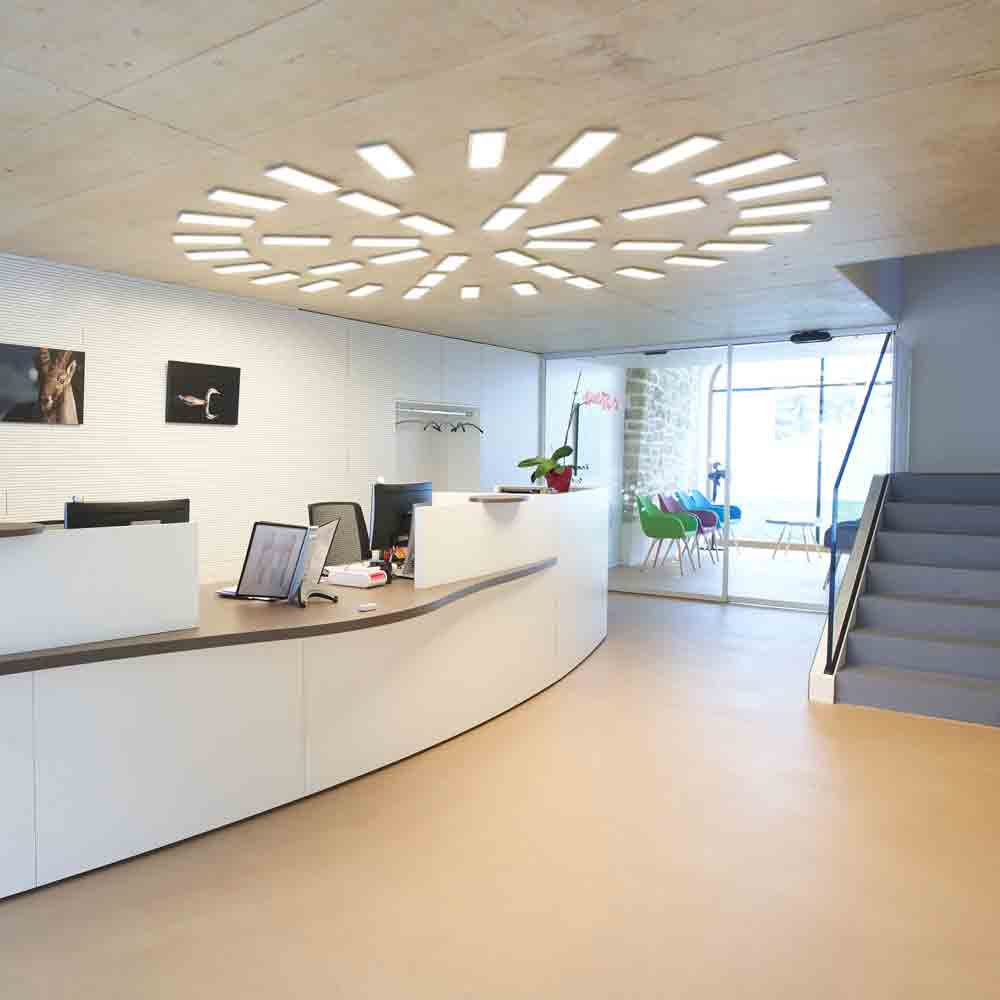 Intérieur d'un bâtiment équipé par Flückiger avec éclairage optimal et zone d'accueil pour les clients, ambiance professionnelle.
