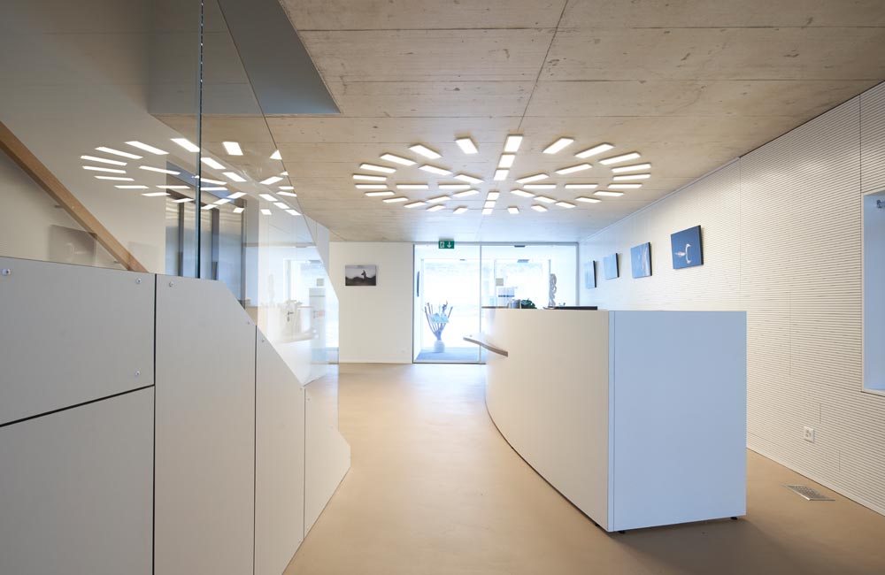 Concept d'éclairage avec LED au plafond formant un motif circulaire étoilé, exemple de design innovant et fonctionnel par Flückiger.