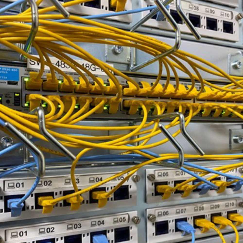 Tableau électrique avec câbles patch et bleus bien organisés, conçu pour des connexions informatiques et de télécommunication, démontrant l'expertise technique de Flückiger.