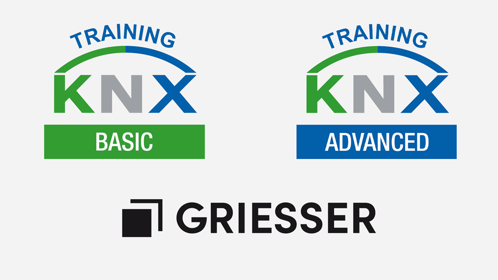 Logos de KNX basic, KNX advanced et Griesser. Sociétés desquelles Flückiger Électricité SA est certifiée.